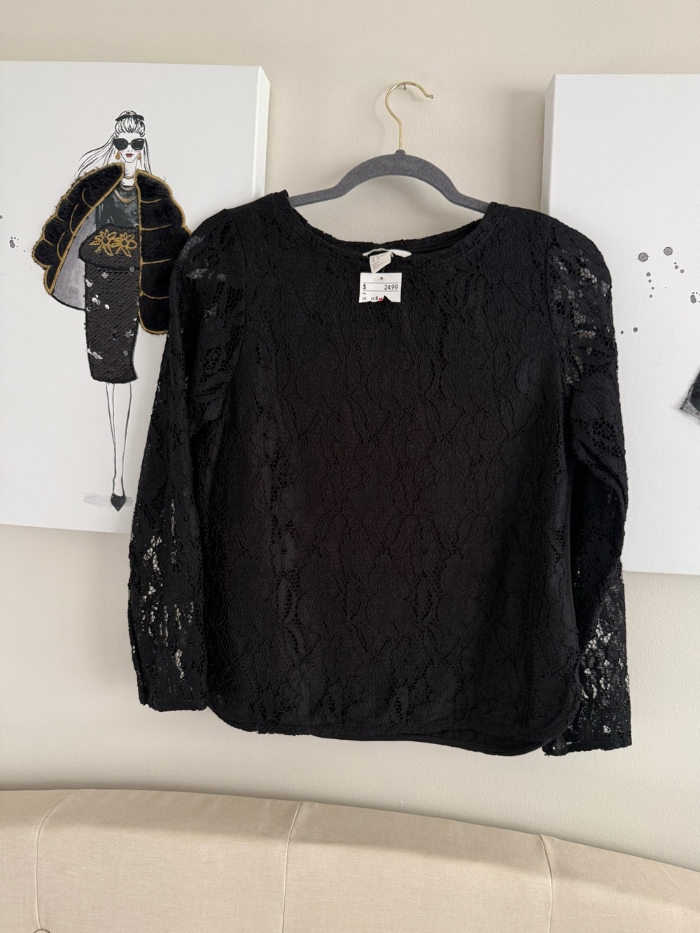 Black Lace Long-Sleeve Women's Top